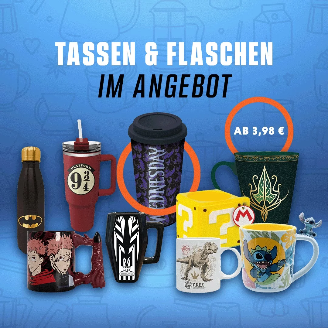 tassen, angebot, merchandise, fanartikel, reisebecher, flasche, aktionpreis