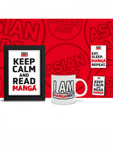 Geschenk-Set Asian Art - Keep Calm and Read Manga (gerahmtes Poster, Tasse, Magnet, magnetisches Lesezeichen)