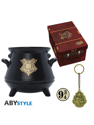 Harry Potter-Geschenkset Premium (Tasse, Anstecker, Schlüsselanhänger)