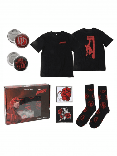 Geschenkset Marvel - Daredevil (T-Shirt, Ansteckpins, Aufnäher, Socken) (Größe M)